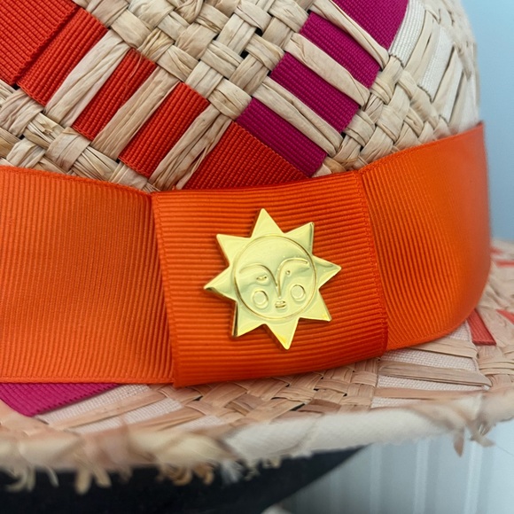 Jonathan Adler Straw Ribbon Orange and Pink Fedora Hat - Picture 5 of 10